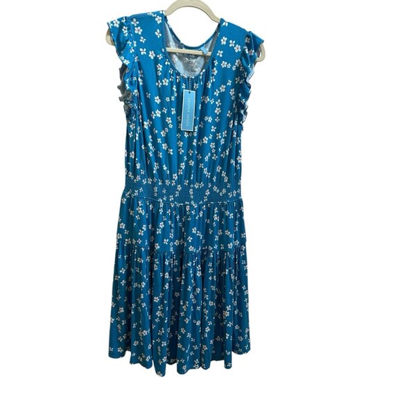 Draper James Faith Flutter Sleeve Dress Smocked Waist Blue Ditsy Floral Sz L NEW - Picture 3 of 9